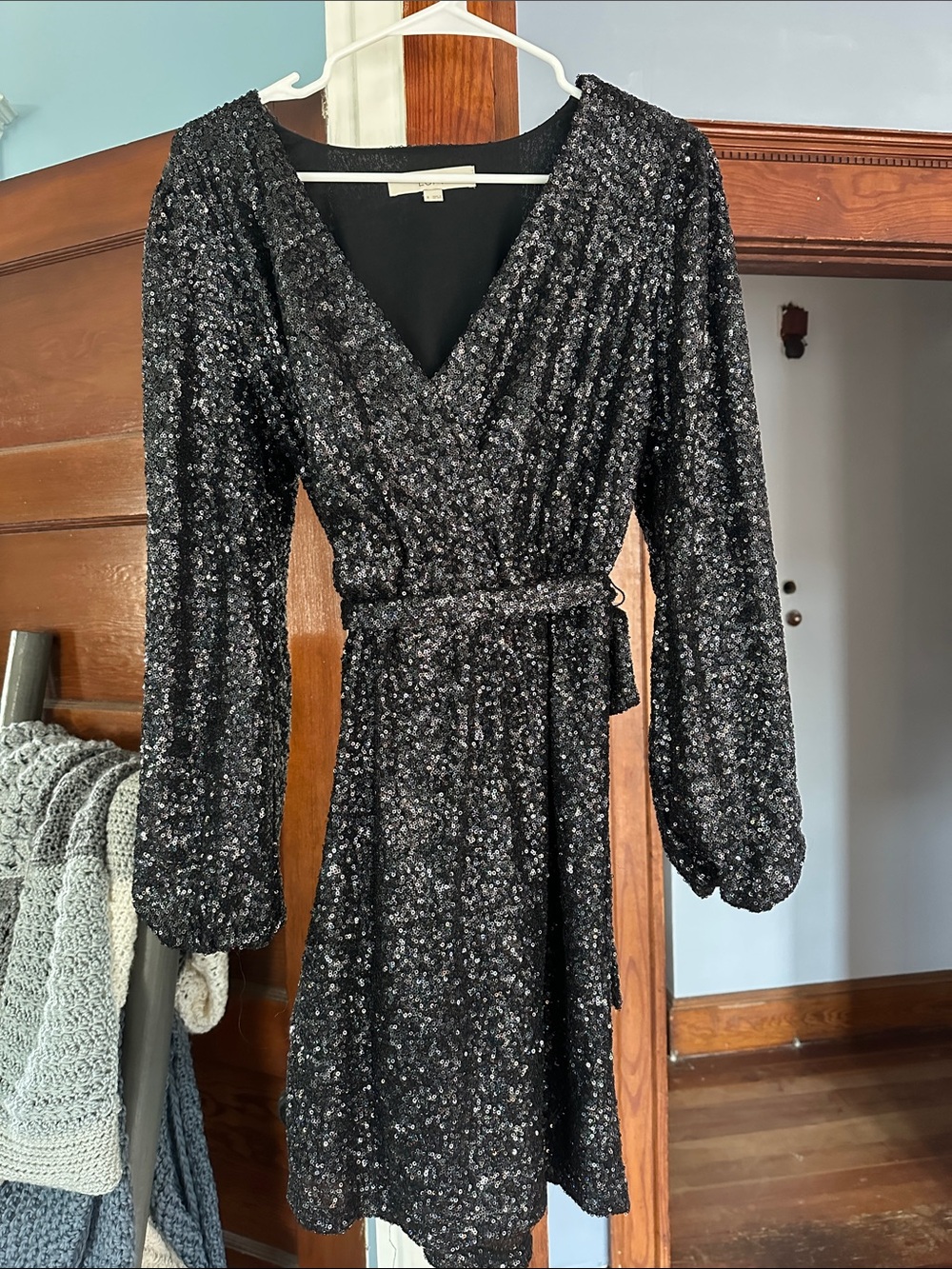 LOFT Black Sequin Wrap Dress with Long Sleeves